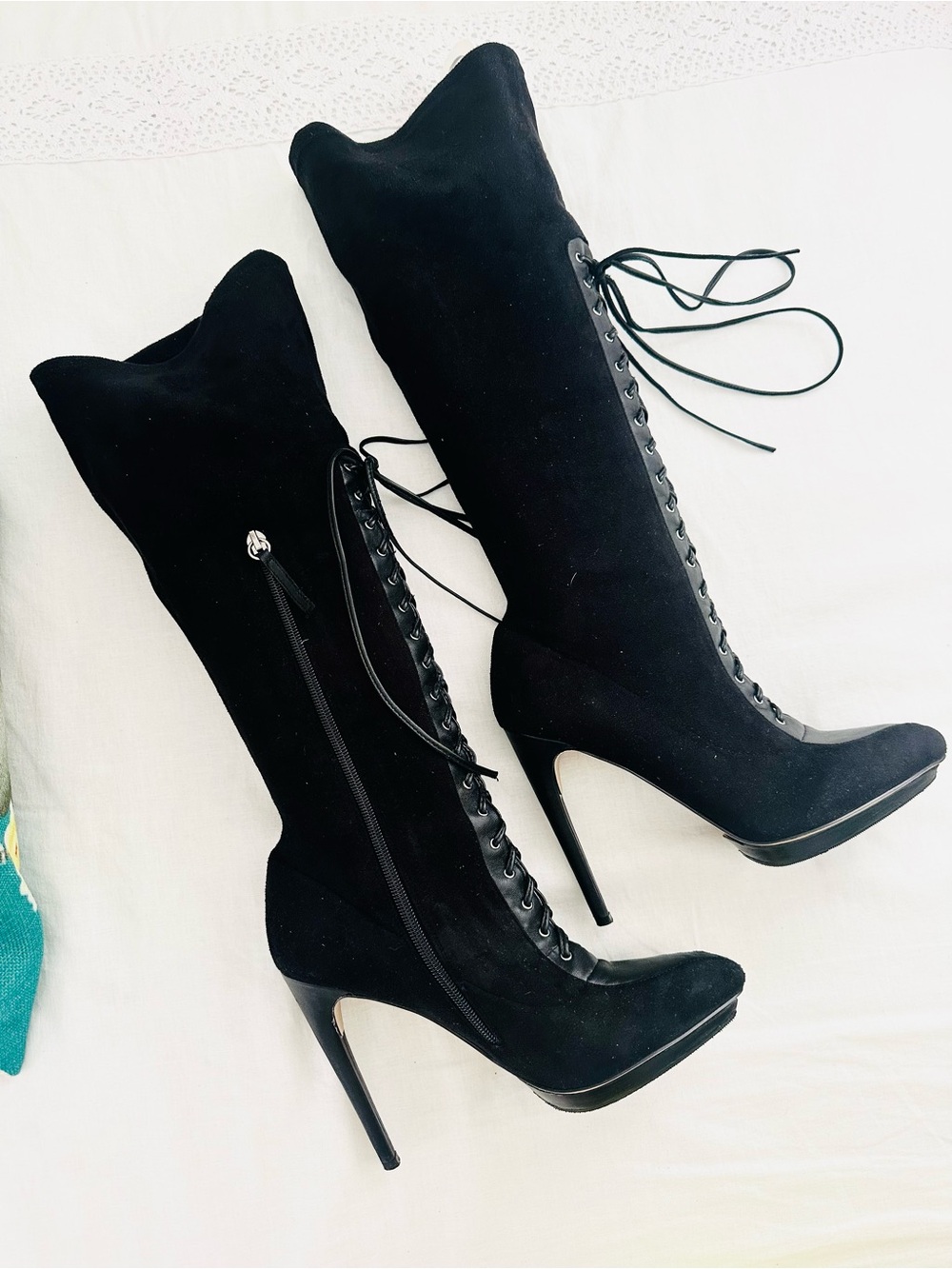 Bebe Black Lace-Up Knee-High Women's Boots - Picture 2 of 8